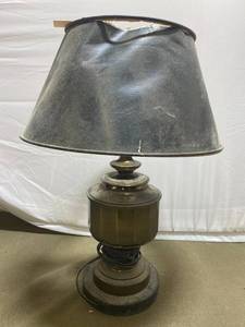 lot 215 image: Vintage Brass Table Lamp with Leviton Socket and Black Lampshade
