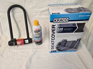 lot 31 image: Kraco Seat Cover, Bicycle Lock, Lithium Grease