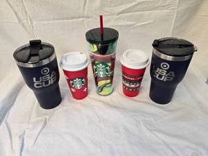 lot 53 image: (5) Containing Two Large Thermal Mugs and Three Starbucks Cups