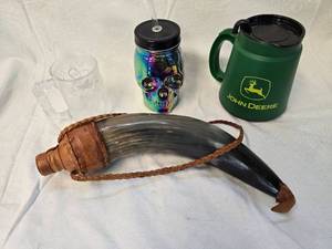lot 60 image: Misc. Cups and Handmade Bullhorn Flask