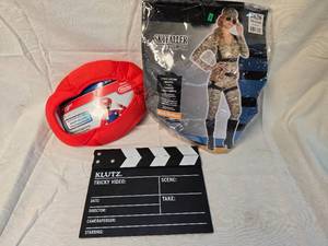 lot 181 image: Halloween Costumes, Womans Medium Skyfaller Military Suit, Nintendo Mario Kids Costume, Directors Clapboard