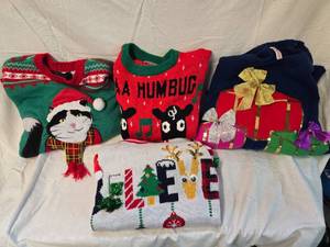 lot 183 image: (4) Ugly Christmas Sweaters, 2 Small, 1 Medium, 1 Large