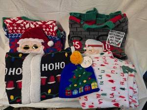 lot 184 image: (3) Ugly Christmas Sweaters, One is a Vest, Christmas Hat and Christmas PJ Pants