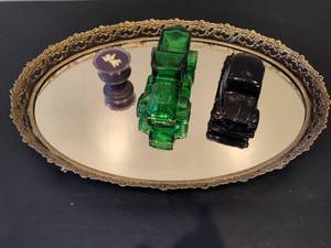 lot 12 image: VIntage Large Footed Oval Vanity Tray with Avon After Shave Bottles