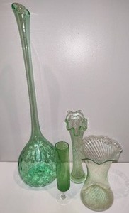 Four Unique Green Glass Vases