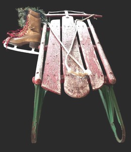 lot 175 image: Vintage Red and Green Sleigh and Old Skates with Greens and Red Laces
