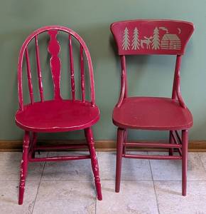 lot 107 image: Pair of Red Painted Vintage Wood Chairs