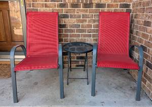 lot 38 image: Pair of Red Patio Chairs and Side Table