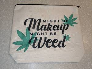 lot 406 image: New Might Be Makeup Might Be Weed Cosmetic Bag Canvas Green Leaf Accents P