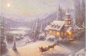 lot 89 image: Brand New Mark Feldstein & Associates Thomas Kinkade Sunday Evening Sleigh Ride White 24 x 16 Canvas Holiday LED Sign B