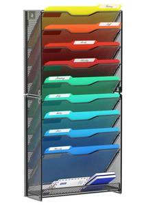 lot 94 image: Brand New samstar 10 Tier Wall File Organizer, Hanging Wall Mount File Holder Paper Folder Mail Organizer, Mesh Metal, Black B