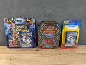 lot 24 image: Brand New Pokemon Cards Mystery Pack, Salamence Tin, and Lightning Set N