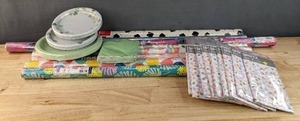 lot 136 image: Brand New Assortment of 8 Gift Wrap Paper Rolls, 88 Sheets of Tissue Paper, Snack Plates, Dinner Plates and Beverage Napkins N