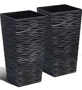 lot 80F image: Brand New Worth Garden 2-Pack Black Tall Planter Plastic Square Tapered Tree Plant Pots for Indoor Outdoor 22 H Modern Wavy Finish Decorative Flower Pots for Front Porch Containers Patio Deck $109.99 Retail N