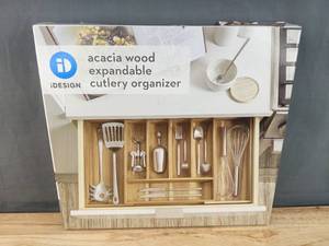 lot 65F image: Brand New iDesign  Acacia Wood Expandable Cutlery Organizer N
