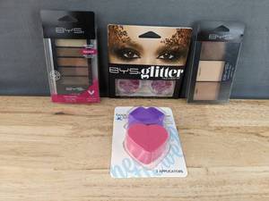 lot 82F image: Brand New BYS Glitter, BYS Contour Trio, BYS Eyeshadow Palette, and Beauty 360 Cosmetic Wedges N