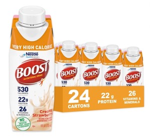 lot 4F image: 24 Brand New Boost Very High Calorie Nutritional 8 oz Drink in Creamy Strawberry $72 Retail N