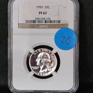 lot 20 image: 1959 25C NGC PF67, Hi Polish