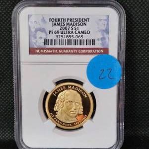lot 22 image: 2007 S $1 James Madison NGC PF69 Ultra Cameo