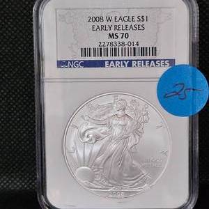 lot 25 image: 2008j W Early Release Silver Eagle, NGC MS70