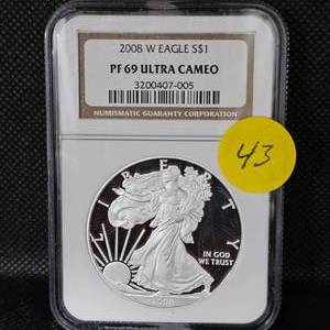 lot 43 image: 2008 W Silver Eagle NGC PF 69, Ultra Cameo