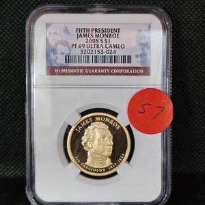 lot 57 image: 2008 S $1 Fifth President NGC PF69 Ultra Cameo