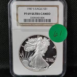 lot 61 image: 1987 Silver Eagle NGC PF69 Ultra Cameo