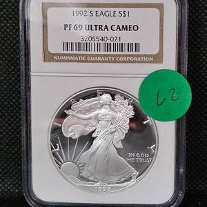 lot 62 image: 1992 Silver Eagle NGC PF69 Ultra Cameo