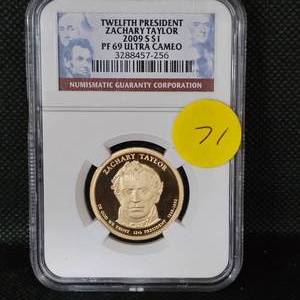 lot 71 image: 2009 S $1 Twelfth President NGC PF69 Ultra Cameo