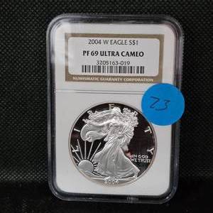 lot 73 image: 2004 W Silver Eagle NGC PF69 Ultra Cameo
