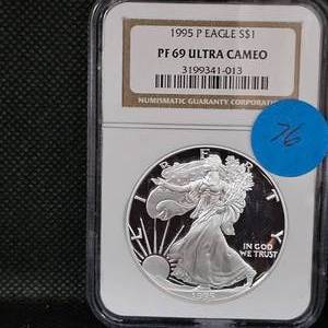 lot 76 image: 1995 P Silver Eagle NGC PF69 Ultra Cameo