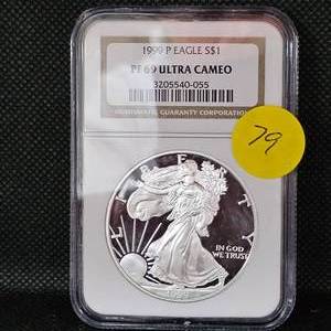 lot 79 image: 1999 P Silver Eagle NGC PF69 Ultra Cameo