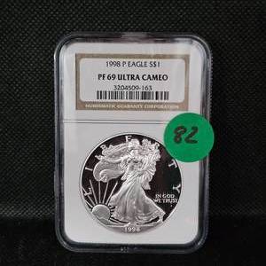 lot 82 image: 1998 P Silver Eagle NGC PF69 Ultra Cameo