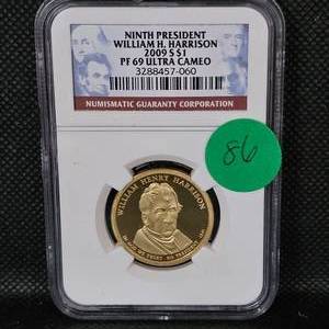 lot 86 image: 2009 S $1 Ninth President NGC PF69 Ultra Cameo