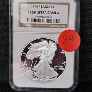 lot 89 image: 1996 P Silver Eagle NGC PF69 Ultra Cameo