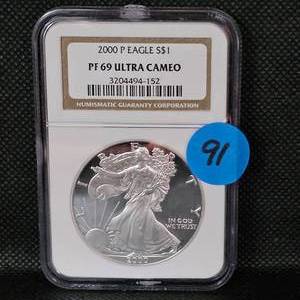 lot 91 image: 2000 P Silver Eagle NGC PF69 Ultra Cameo