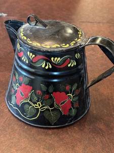 lot 10 image: Antique Hand-Painted Black Tin Pitcher with Floral Design