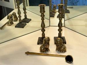 lot 34 image: Set of 2 Vintage Brass Candle Holders with Dog Figure Accents