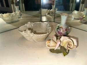 lot 37 image: Set of Capodimonte Porcelain Rose, Dresden Vase, and White Lattice Basket