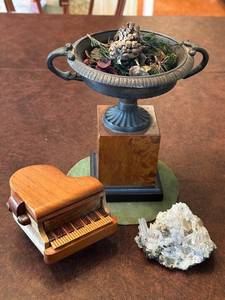 lot 54 image: Decorative Stone Urn, Miniature Wooden Piano Box, and Quartz Crystal Cluster