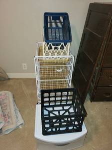 lot 97 image: Collection of Plastic Storage Bins and Wire Basket Shelf