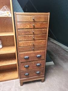 lot 210 image: Antique Wooden Tallboy with Eight Drawers Purchased at the Burlington Northern Train Station Closing Sale