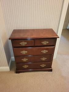 lot 216 image: Vintage Wooden 5-Drawer Dresser with Brass Handles