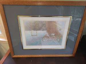 lot 219 image: Framed Al Ricci Art Print of Bicycle and Tree Scene