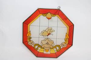 lot 3 image: Octagonal Stained Glass Wall Hanging with Floral Design