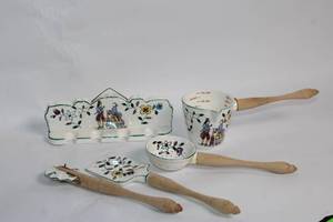 lot 4 image: Vintage Floral Ceramic Kitchen Utensil Set with Wooden Handles and Wall Holder