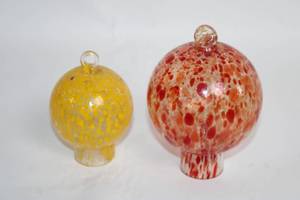 lot 12 image: Pair of Handblown Glass Ornaments in Red and Yellow