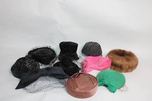 lot 14 image: Collection of 8 Vintage Womens Hats Including Fur and Satin Pieces