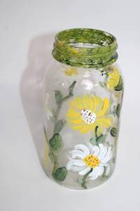 lot 20 image: Hand-Painted Glass Jar with Green Rim and Floral Design