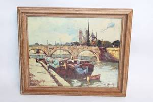 lot 31 image: Framed Vintage Painting of Boats by Notre Dame